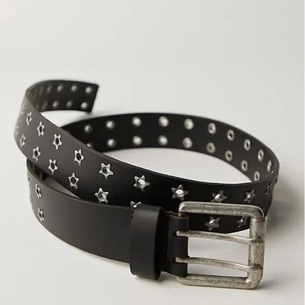 Free People Virgo Star Grommet Leather Belt Black NWT Size M/L Western Boho